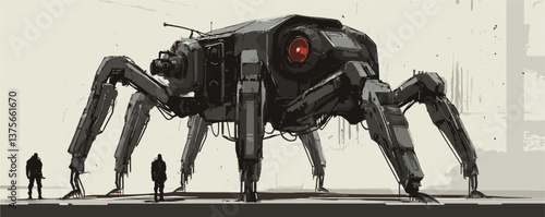 Futuristic giant hexapod robot with human figures for scale - vector.