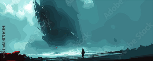 Solitary figure below mysterious floating structure in surreal landscape vector.