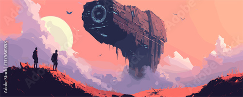 Futuristic sunset landscape with massive floating spaceship and silhouetted figures - vector.