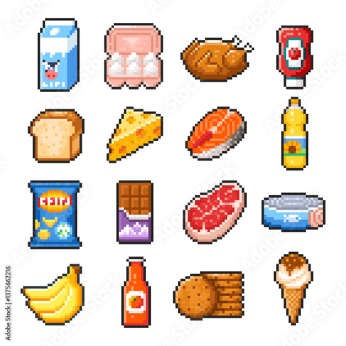Pixel food set isolated on white background. Pixelated badges, game assets or computer arcade food items. Grocery market and bakery product icons. Vector pixel art illustration in 16 bit old style.