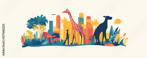 Vibrant urban jungle with stylized animals and plants in cityscape background - vector.