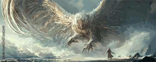 Enormous mythical bird confronting hooded figure in dramatic cloudy sky scene - vector.