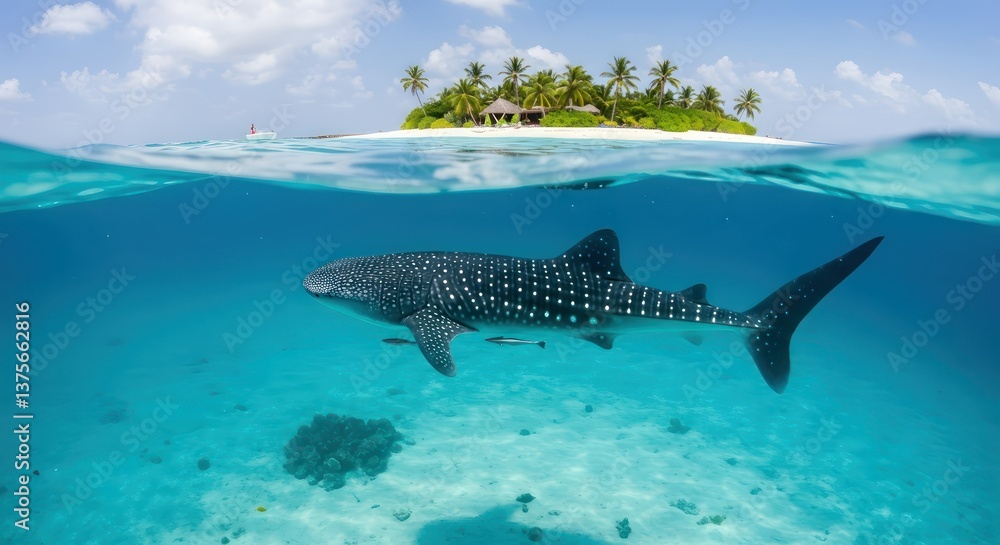 Fototapeta premium Whale shark swims tropical island.