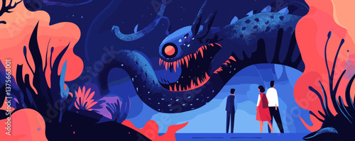 Mysterious sea monster encounter by night in ocean landscape - vector.