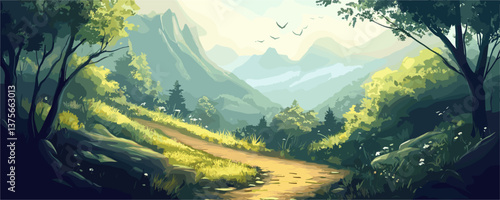Serene mountain landscape with winding path and lush greenery vector.