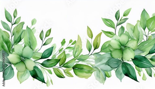 seamless watercolor floral border with green leaves on white background generative ai