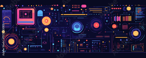 Futuristic technology interface with abstract digital elements and circuits in dark neon colors, vector.