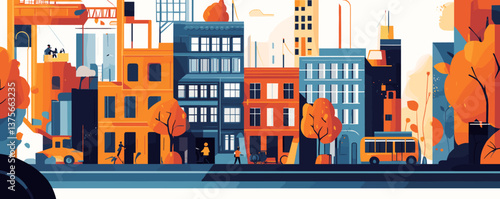 Autumn urban scene with vibrant foliage and buildings, busy street, modern cityscape vector.