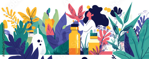 Colorful garden scene with herbal bottles and woman among lush foliage - vector.