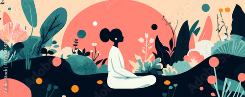 Serene meditation in nature landscape with sunset and plants, vector.