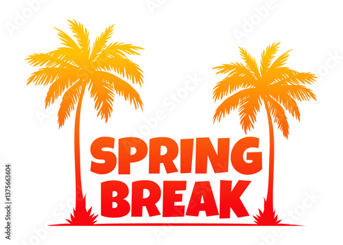Logo vacaciones de primavera. Mensaje SPRING BREAK con silueta de palmeras