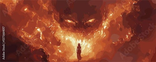 Lone figure facing fierce fiery beast in dramatic encounter - vector.