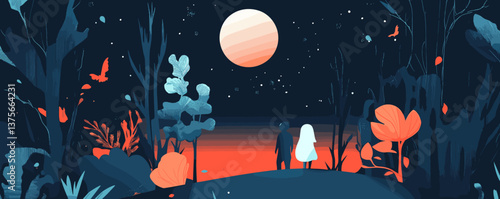 Romantic nightscape: couple under moonlit sky in enchanted forest - vector.
