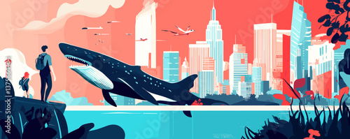 Surreal urban landscape with giant whale and city skyline - vector.