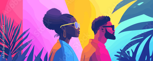 Colorful portrait of stylish couple in sunglasses with tropical background - vector.