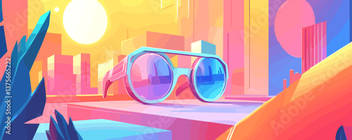 Futuristic cityscape with floating sunglasses and vibrant sunset colors - vector.