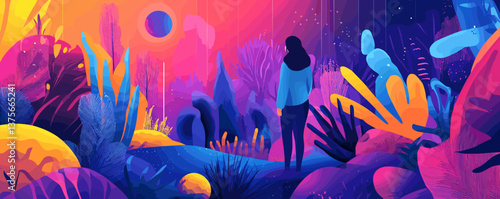 Surreal landscape with silhouetted figure in vibrant colors and dreamlike nature - vector.