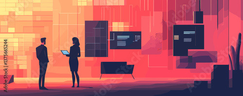 Business meeting in modern office with abstract art and lounge area – vector.