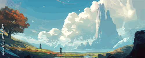Surreal landscape with tower, lonely tree, and two figures against dramatic sky - vector.