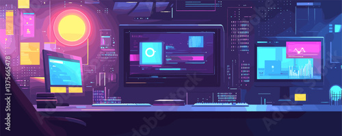 Futuristic digital workspace with multiple monitors and neon design in tech environment - vector.