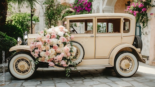 Vintage car with floral display, courtyard