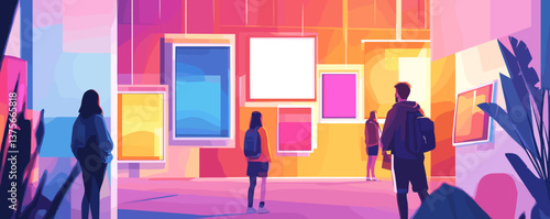 Colorful modern art gallery with people observing vibrant paintings, contemporary design, vector.
