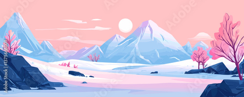 Winter wonderland mountain landscape with snowy peaks and pink trees at sunset - vector.