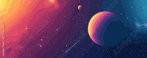 Vibrant cosmic landscape with planets and shooting stars in outer space, colorful background - vector.