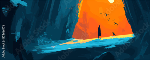 Silhouetted figure and bird watching sunrise in rocky landscape with flying birds - vector.
