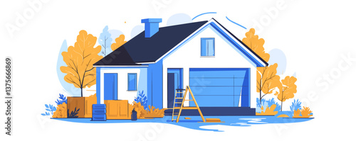 Charming autumn house with ladder and trees in minimalist style - vector.