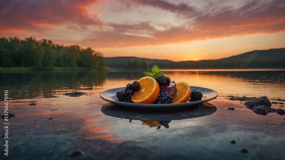 Fruit Dessert Plate at Lakeside during a Beautiful Sunset Calm Scenery Fruit Dessert Plate at Lakeside during a Beautiful Sunset Calm Scenery
