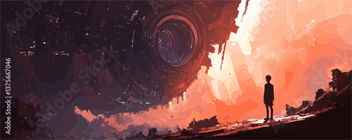 Futuristic sci-fi scene with massive spaceship and silhouetted figure - vector.