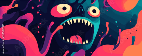 Abstract colorful monster with sharp teeth in vivid surreal art style - vector.
