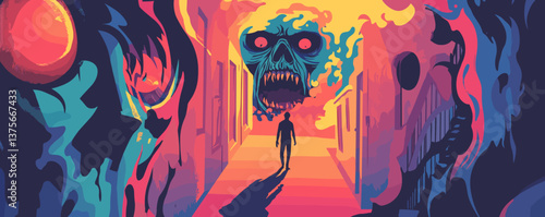 Surreal horror scene with man walking in hallway and monster face - vector.