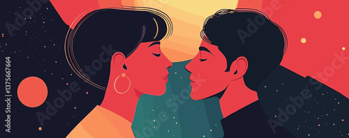 Romantic couple under moonlight in artistic style - vector.