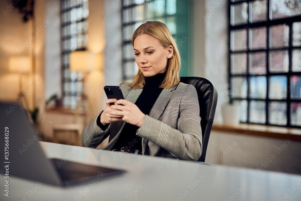 Professional Woman Using Smartphone at Desk in a Modern Office Setting Professional Woman Using Smartphone at Desk in a Modern Office Setting