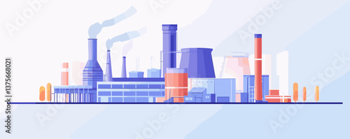 Futuristic industrial factory with smokestacks and chimneys in urban setting - vector.