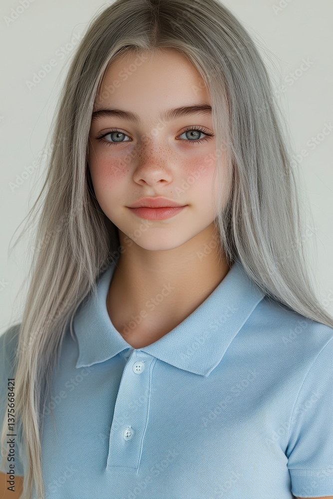 Fototapeta premium Portrait of a Young Girl with Long Silver Hair Wearing a Light Blue Polo Shirt