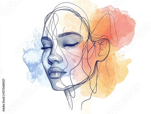 Elegant abstract female face with watercolor splashes
