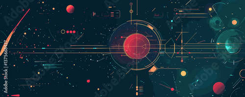 Futuristic space-themed abstract artwork with celestial elements and geometric patterns, vector.