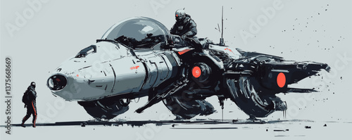 Futuristic spaceship with two figures in sci-fi scene, monochrome art vector.