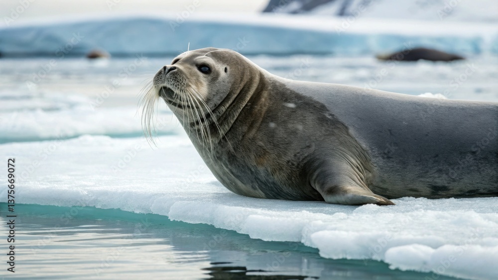 Obraz premium Save Arctic climate Resting bearded seal on thin ice sheet, highlighting climate change and environmental protection issues in the Arctic. Environmental protection and global warming.