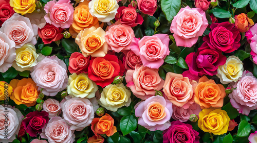 Beautiful arrangement of multi-colored blooming roses, including shades of pink, red, yellow and orange, with luscious green leaves creating a vibrant floral backdrop