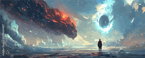 Surreal cosmic landscape with silhouette and celestial phenomena, space vector.