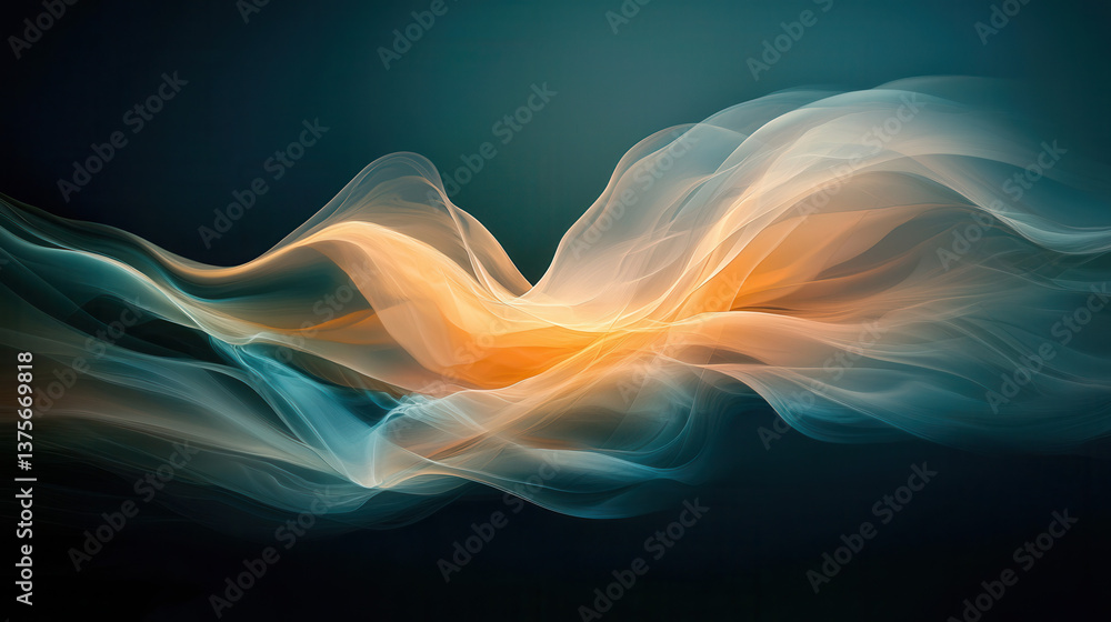 Fototapeta premium Weightless abstract waves in orange and blue tones flow gracefully on dark background, evoking sense of calm