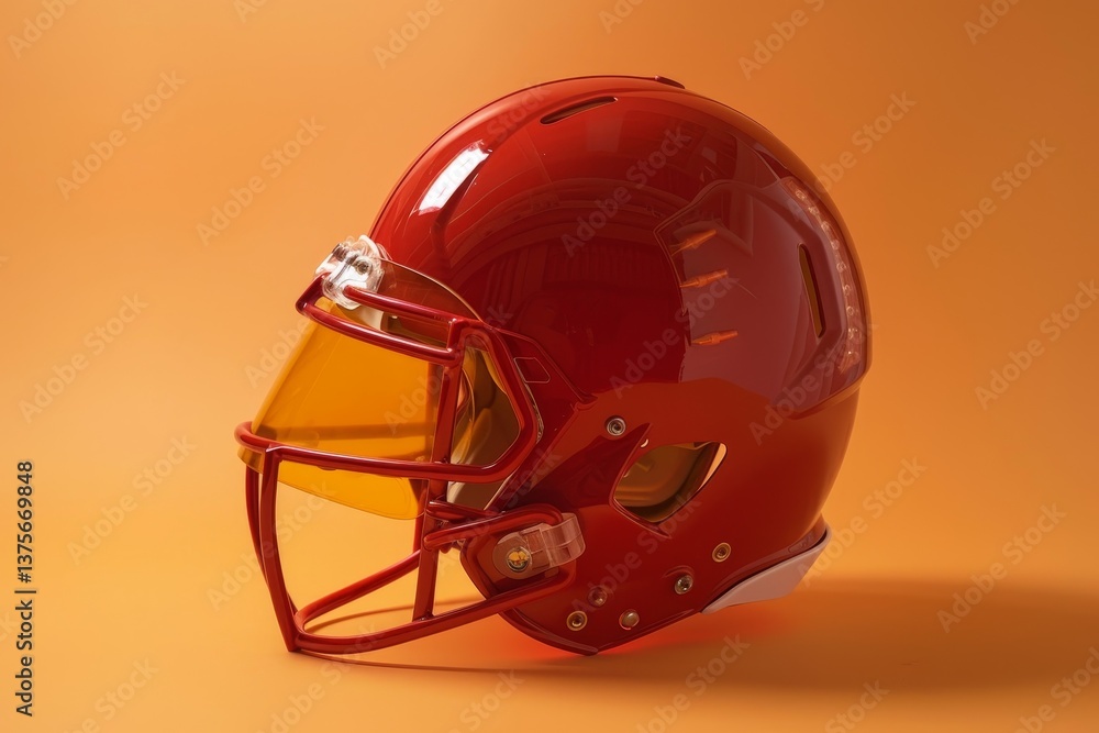 Fototapeta premium A red football helmet with a facemask and visor is isolated on an orange background, Showcase the iconic shape and structure of a football helmet