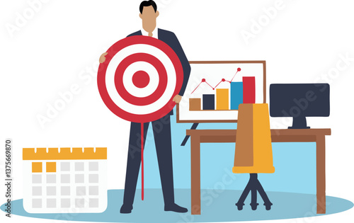 "Goal setting and target achievement, a businessman focuses on success, planning to hit the bullseye, symbolizing measurable results and motivation."