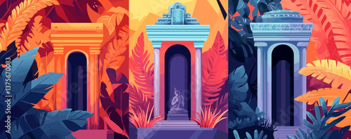 Vibrant jungle gateways with colorful foliage and ancient archways - vector.