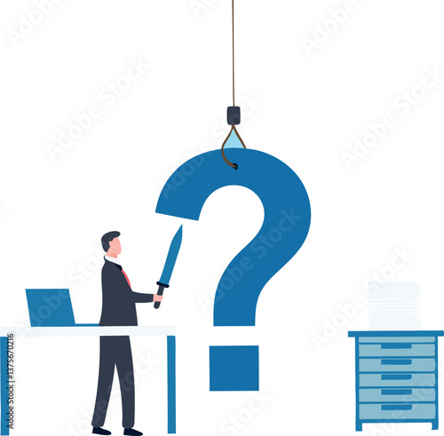 "Overcoming uncertainty and challenges, a businessman cuts a question mark, symbolizing problem-solving, decision-making, clarity, and resolution of difficulties or confusion."