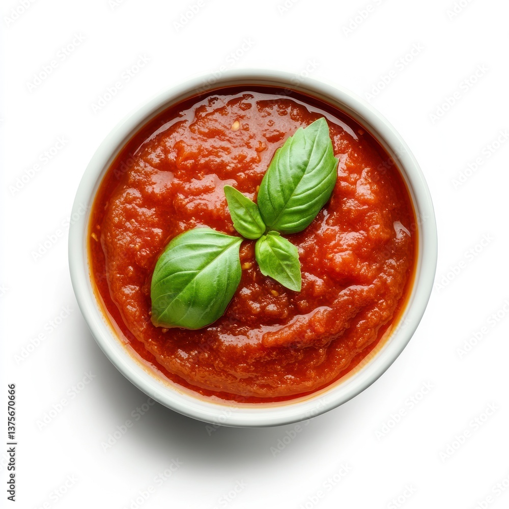 Tomato Sauce in White Bowl with Basil Garnish Ready for Cooking Tomato Sauce in White Bowl with Basil Garnish Ready for Cooking